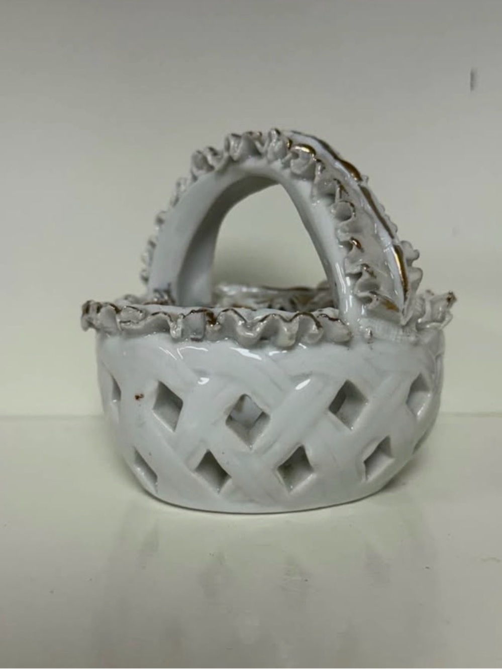 Vintage porcelain Basket Trinket Dish with Scalloped Handle